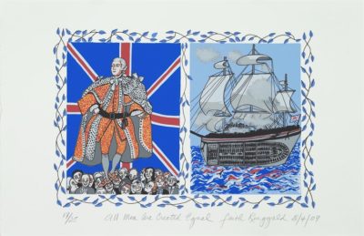 PFF147G-Faith Ringgold, All Men Are Created Equal, Serigraph, 2009. Print divided in two sections, one depicting George Washington, the other a ship at sea.