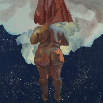 PFF148-Sterling Shaw, God Bearer - Theotokos, Acrylic, 2012. Female nude figure with red drape over her head and cloud and constellations in background.
