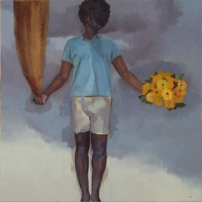 PFF149-Sterling Shaw, First Date, Oil, 2011. Male figure holding bouquet of yellow flowers and a suspended drape.