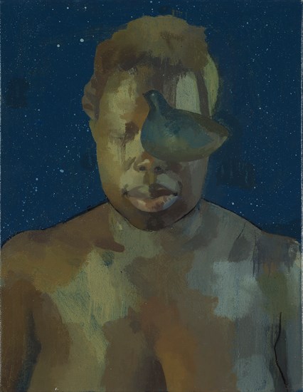 Sterling Shaw, Curator, Acrylic, 2012. Portrait of a woman with a bird over left eye.
