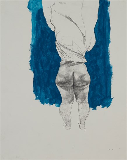 Sterling Shaw, Assumption, Mixed Media, 2012. Female nude with white drape over upper body and blue background.