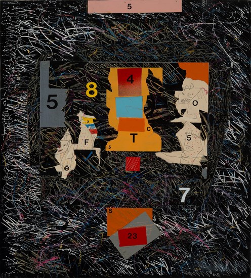 Ed Hughes, #2 Man In The Mirror, Acrylic, 1982. Abstract composition of colored segments with numbers and letters on a black field with white markings.