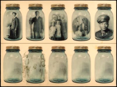 PFF159-Debra Priestly, Mattoon #4, 2001. Images of mason jars, some with photographic portraits on a pale pink field.