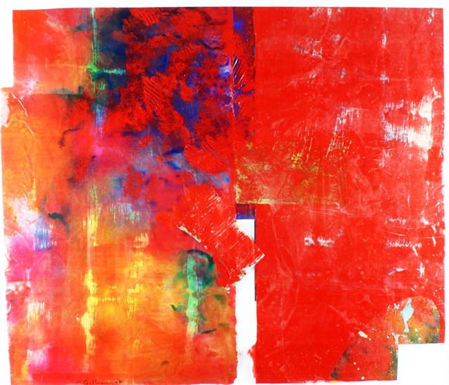 Sam Gilliam, Transfer #2, Mixed Media, 2009. Abstract  composition in red with painted and collaged paper.