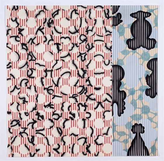 PFF163-Charles Burwell, Linear Fragments, Mixed Media, 2008. Abstract image in two distinct patterns.