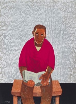 PFF165-Samella Lewis, Untitled Lithographs, 2007. Boy in red shirt seated on a wooden bench with a book in his lap.