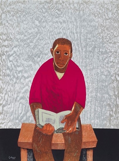Samella Lewis, Untitled Lithographs, 2007. Boy in red shirt seated on a wooden bench with a book in his lap.