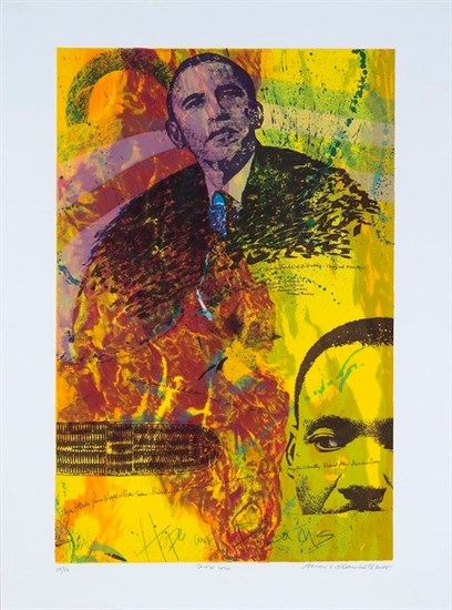 PFF166-Allan Edmunds, 200 Years, Lithographs, 2008. Images of President Barack Obama, Dr. Martin Luther King, and plan view of a slave ship imprinted over abstract patterns in green, gold and deep red.