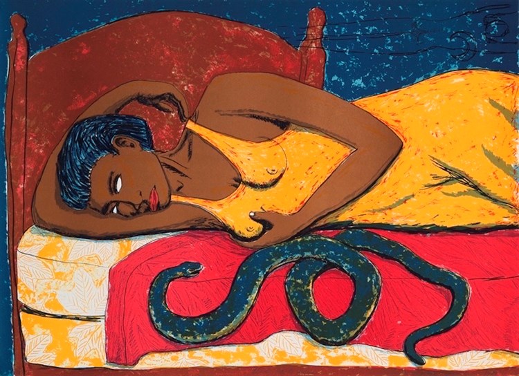 PFF167-Alison Saar, Black Snake Blues, Lithographs, 1994. Reclining female figure in yellow gown lying on bed holding her breast with a snake coiled next to her.