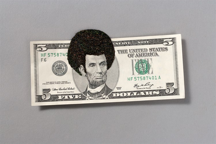 Sonya Clark, Afro Abe, 2010. Mixed media collage on five dollar American currency, peacock feathers, silk thread and felt.
