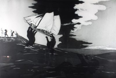 PFF174-Kara Walker, No World, Etchings, 2010. Seascape depicting God-like hands lifting slave ship from the water, with a figure drowning and two silhouetted figures on the shoreline.