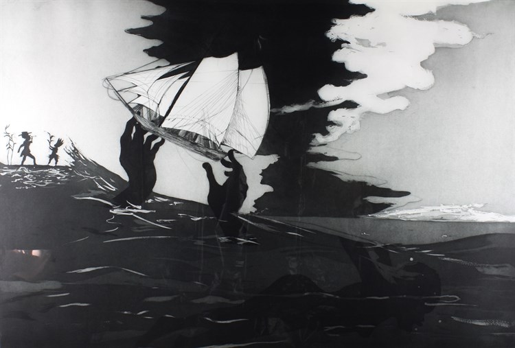 Kara Walker, No World, Etchings, 2010. Seascape depicting God-like hands lifting slave ship from the water, with a figure drowning and two silhouetted figures on the shoreline.