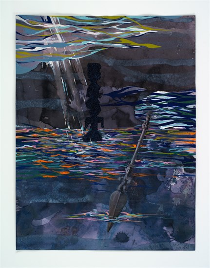 Radcliffe Bailey, Storm, Mixed Media, 2012. Abstract image depicting ocean during a storm with images of African sculptural forms falling into the water.