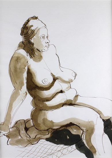 PFF176-Charles Searles, Seated Nude, Ink, 1999. Seated female nude with head wrap.