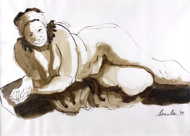 PFF177-Charles Searles, Reclining Nude, Ink, 1999. Reclining nude with head wrap.
