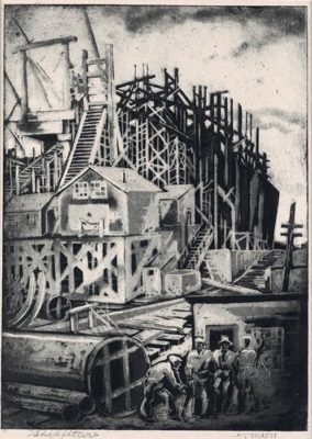 PFF183-Dox Thrash, Shipfitters, Aquatint, 1941. Ship building scene with figures in lower left.