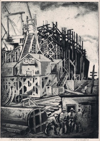 Dox Thrash, Shipfitters, Aquatint, 1941. Ship building scene with figures in lower left.