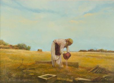 Richard Watson, Libation, Oil, 2005. Depiction of woman in a field pouring water from a jar.