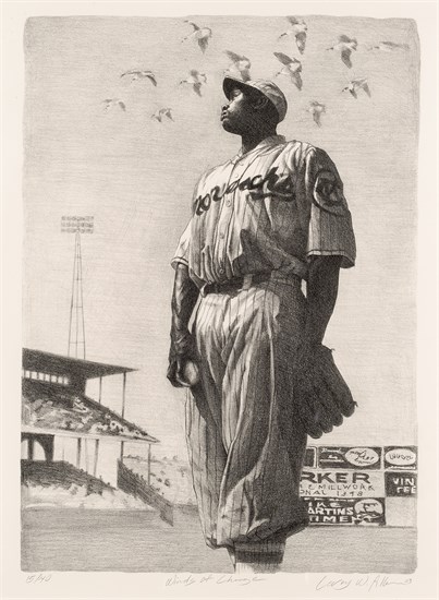 PFF190-Leroy Allen, Winds of Change, Lithograph, 2003. Depiction of baseball player from the Kansas City Monarchs in stadium with geese flying overhead.