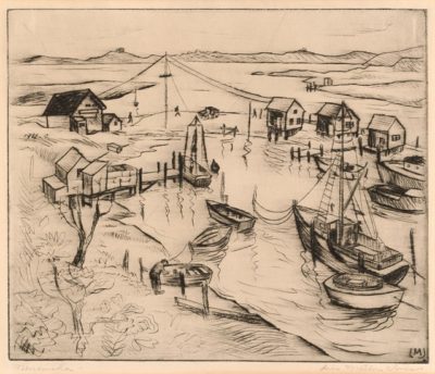 PFF191-Lois Mailou Jones, Mnemsha, Intaglio, 1940. Harbor scene in Menemsha, Massachusetts.