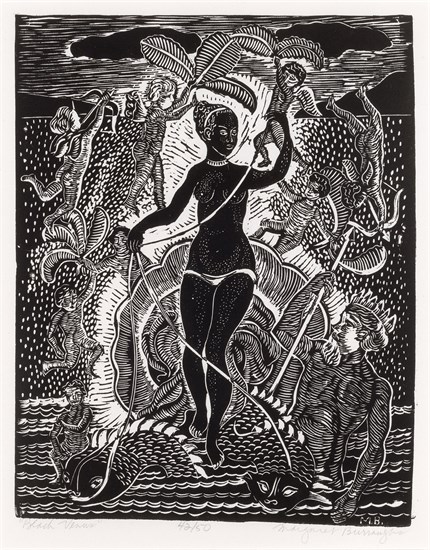 PFF192-Margaret Burroughs, Black Venus, Linoleum cut,1957. Female figure rising from the sea on a shell surrounded by attending cherubs.