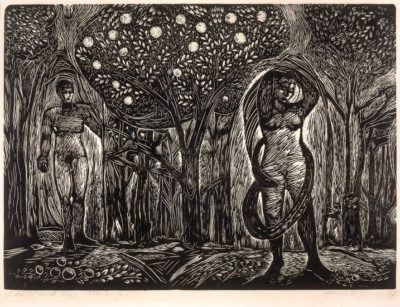 PFF194-James Lesesne Wells, Adam and Eve, Engraving, 1960. Adam and Eve in the garden with the Tree of Knowledge central to the composition, the snake is coiled around Eve's body.