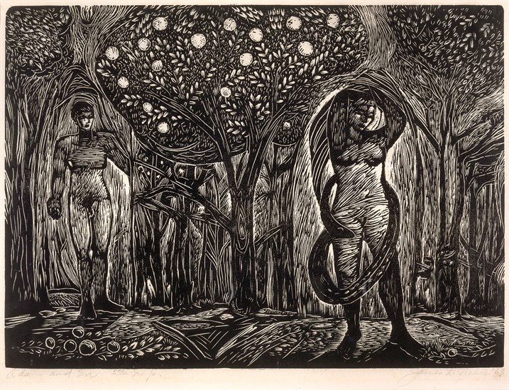 James Lesesne Wells, Adam and Eve, Engraving, 1960. Adam and Eve in the garden with the Tree of Knowledge central to the composition, the snake is coiled around Eve's body.