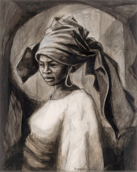 Herman Kofi Bailey, Young Woman From Yoruba, Charcoal, 1970-1975. Portrait of a woman with a head wrap.