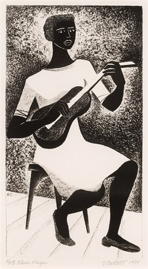 Elizabeth Catlett, Blues Player, Lithograph, 1995. Portrait of a woman playing the guitar.