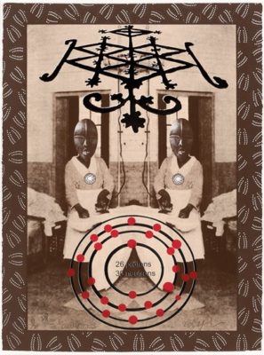 PFF198-Willie Cole, The Ogun Sisters, Screenprint, 2012. Two women with African Masks (mirror image) in maid uniforms ironing with atomic symbols and a traditional African print border.