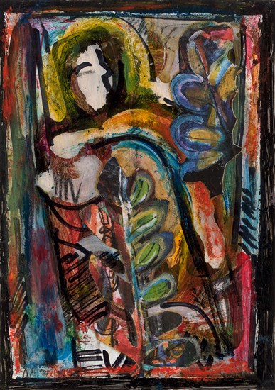 PFF200 David Driskell, African Mask II, Mixed Media, 2007. Abstract composition with figural elements.