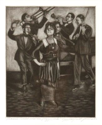 PFF207-Reginald Gammon, Mamie Smith and Her Jazz Hounds, 2002. Black and white drawing of jazz quintet with female lead singer at center.