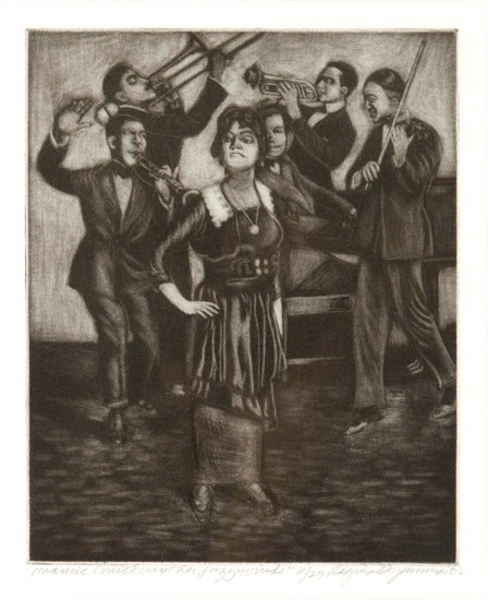 Reginald Gammon, Mamie Smith and Her Jazz Hounds, 2002. Black and white print of jazz quintet with female lead singer at center.