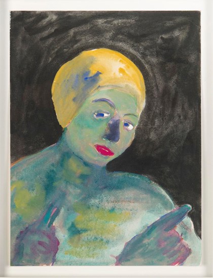 PFF208-David, Fludd, Aqua Woman With Yellow Cap, 2000. Portrait of a woman painted in aqua with a yellow hat and black background.