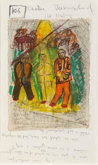 PFF210-Amiri Baraka, K-5 Center, The Source of History\t, 1962. Sketchbook page depicting three figures, one with saxophone. Writing on top and bottom of page.