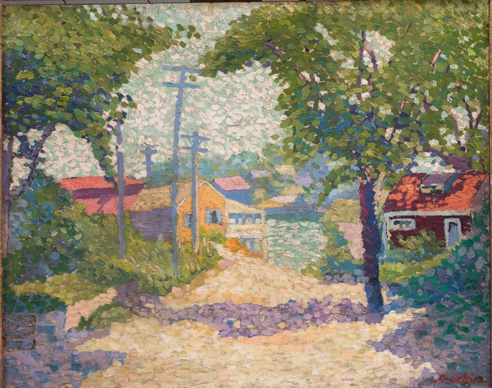 PFF215-Allan Freelon, View of Gloucester St., Oil, 1928. Landscape depicting street view with trees and water in the background.