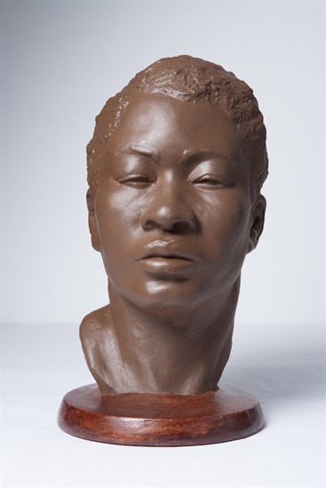 PFF216-Beulah Woodard, Maudelle, Terracotta, 1937. Bust of famed dancer and cultural figure Maudelle Bass Weston. Painted with dark brown paint.
