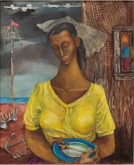 Frederick D. Jones, Untitled (Woman with a Fish), Oil, 1945-50. Oil painting on linen canvas of a woman in a yellow dress holding a bowl with fish.