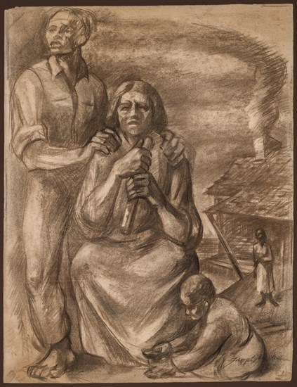 James C. McMillan, Sharecroppers, Charcoal, 1950-1951. Drawing of sharecropper family with house in the background.