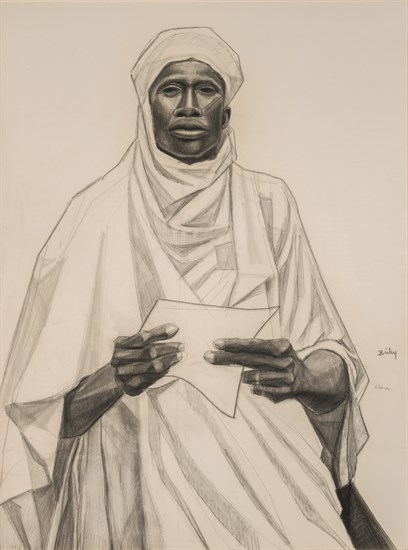PFF220-Herman Kofi Bailey, African Trader, Charcoal, 1970. Drawing of African trader in traditional dress and turban.
