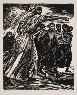 PFF221-Elizabeth Catlett, Harriet, Linoleum cut, 1975. Black and white print depicting Harriet Tubman pointing forward followed by group of runaway slaves.