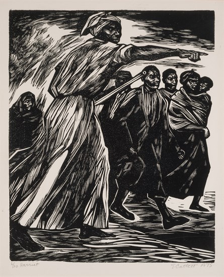 Elizabeth Catlett, Harriet, Linoleum cut, 1975. Black and white print depicting Harriet Tubman pointing forward followed by group of runaway slaves.