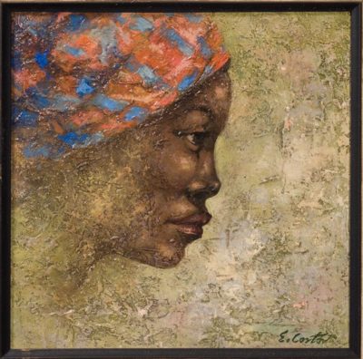 PFF223-Eldzier Cortor, Classical Study No. 36, Oil, 1979. Square painting depicting profile of a black woman with orange and blue head wrap.