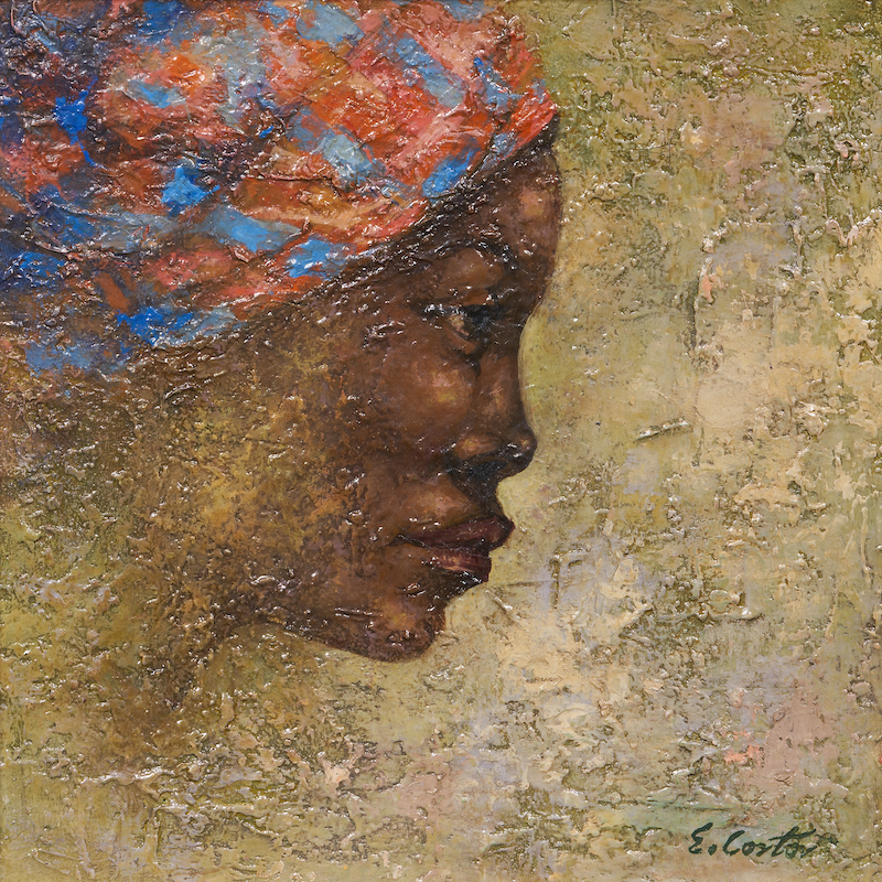 Eldzier Cortor, Classical Study No. 36, Oil, 1979. Square painting depicting profile of a black woman with orange and blue head wrap.
