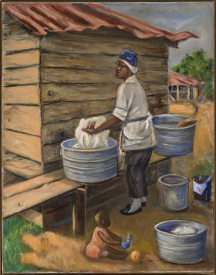 PFF224-Rex Goreleigh, Wash Day, Oil, 1979. Painting depicting woman watching laundry in metal basins outside of a shack with small baby in foreground.