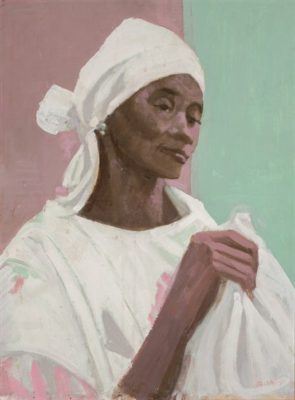 PFF226-Ernest Crichlow, Untitled (Head of a Woman with Scarf), Oil, 1990. Painting depicting a woman in white dress and scarf in three-quarter view with pink and green background.