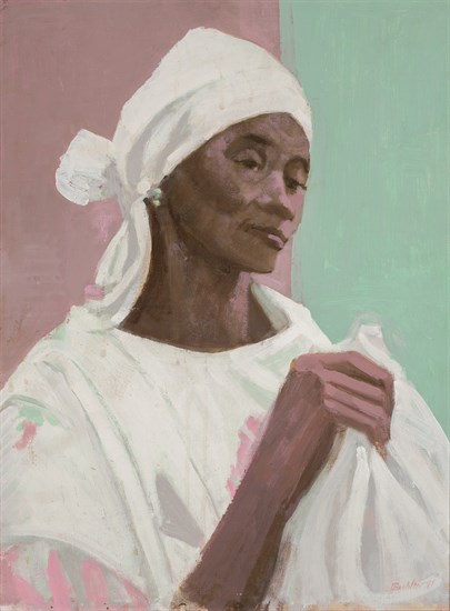 Ernest Crichlow, Untitled (Head of a Woman with Scarf), Oil, 1990. Painting depicting a woman in white dress and scarf in three-quarter view with pink and green background.