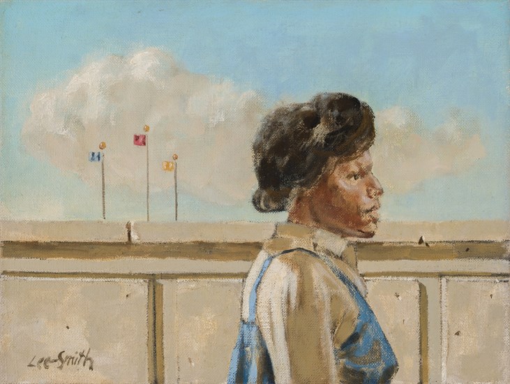 Hughie Lee-Smith, Going Home, Oil, 1987. Painting of a woman in white shirt and blue dress walking in front of a gray wall with three flags in the background.