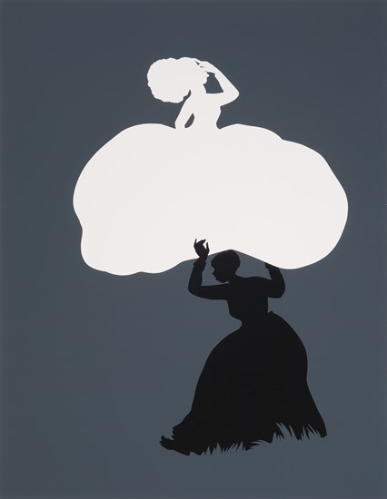 Kara Walker, The Emancipation Approximation (Scene 18), Screenprint, 1999-2000. Black, white, and gray print depicting a black silhouette of a woman in slave dress carrying a white silhouette of a woman in antebellum dress.