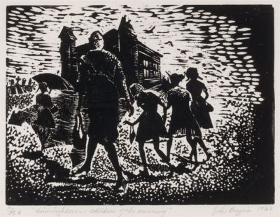 PFF229-John Biggers, Birmingham…Children of the Morning, 1964. Black and white print depicting a woman and four children in front of a church with four flying birds and four graves in the background.